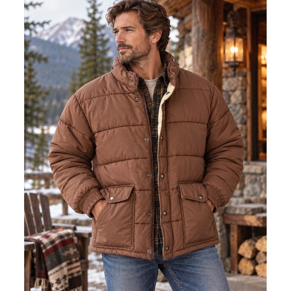 Sears vintage Brown Quilted Puffer Jacket Snap Front Insulated Pockets Size L